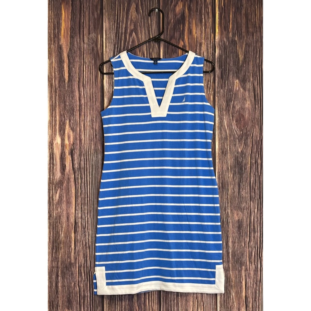 Nautica Womens Dress S Blue and White Striped Sleeveless V-Neck Stretch Cotton